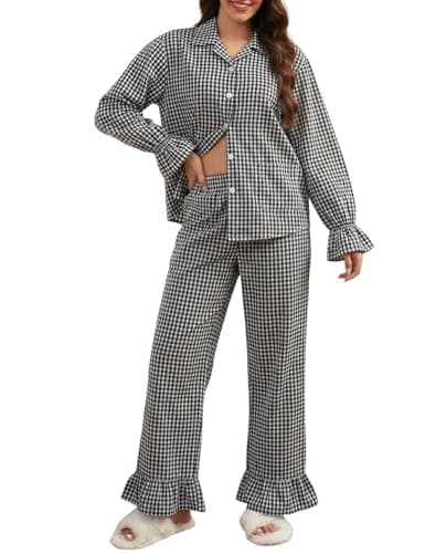 Wyeysyt Womens Cotton Plaid Pajamas Sets 2 Piece Ruffle Pjs Button Down Shirt Pants Lounge Set(Black-S) - Image 1