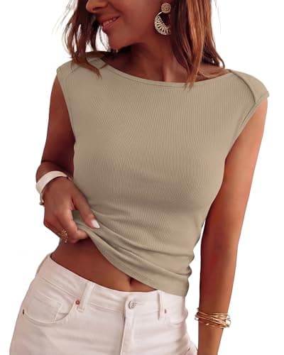 BTFBM Womens Summer Tops 2026 Boat Neck Cap Sleeve Tee Shirts Ruched Slim Fit Knit Going Out Tank Top Spring Fashion(Khaki, Small) - Image 1