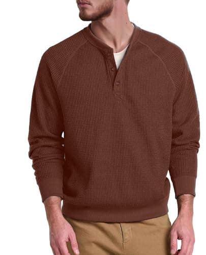 QIVICIMA Raglan Long Sleeve Waffle Henley Shirts for Men Textured Cotton Pullover Knit Tee with Button Neckline Dark Brown XXXL - Image 1