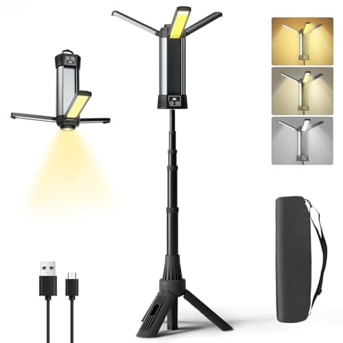 Geisofu Rechargeable Work Light with Stand, Outdoor LED Cordless Camping Light with Portable Telescopic Bracket, 3.7 Ft Tall 6AH Battery, 2000 Lumen Construction Lights with Carrying Bag Grey Small - Image 1