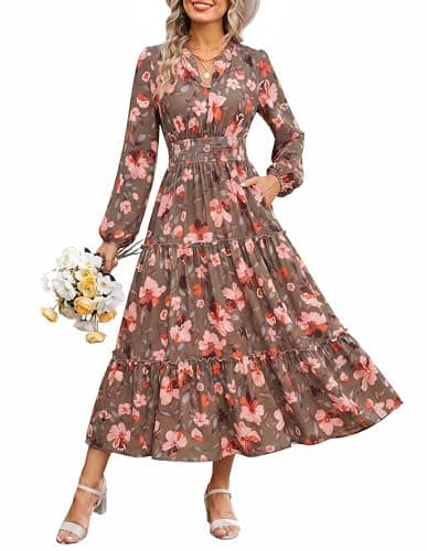 GRACE KARIN Women's Floral Maxi Dress 2026 Fall Long Sleeve V Neck Empire Waist A Line Flowy Dress with Pocket Green Orange L - Image 1