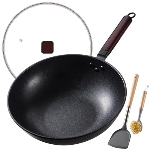 Teewe Carbon Steel Wok -13 Inch Woks & Stir-fry Pans Nonstick, Wok Pan with Glass Lid Spatula and Dish Brush: Pre-Seasoned Flat Bottom Chinese Wok for Induction, Electric, Gas, All Stoves - Image 1