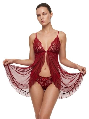 AOOXOOA Women's Babydoll Lingerie Set with G-String, Red, XXL