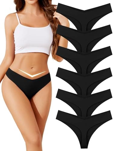 ANSUKOO Seamless Thongs for Women,No Show Ladies Underwear 6 Pack,Invisible Workout Comfortable Undie,V String Panties Black - Image 1
