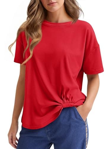 Cicy Bell Womens Summer Casual T-Shirt Twist Front Tops Crew Neck Drop Shoulder Loose Short Sleeve Tees Red - Image 1
