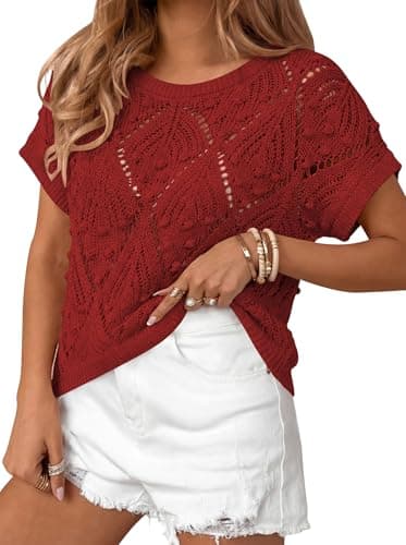 Cakulo Womens Short Sleeve Crochet Sweater Spring Summer Boho Casual Crop Tops 2026 Beach Vacation Clothes Red L - Image 1