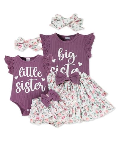 FAMIHAO Big Sister Little Sister Matching Outfits Baby Girl Romper Tops with Floral Shorts Summer Clothes Set,Purple 6-12M - Image 1