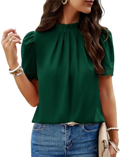 BTFBM Women Blouses Dressy Casual 2026 Summer Tops High Neck Lace Trim Short Sleeve Business Work Shirts Spring Clothes(Dark Green, Large) - Image 1