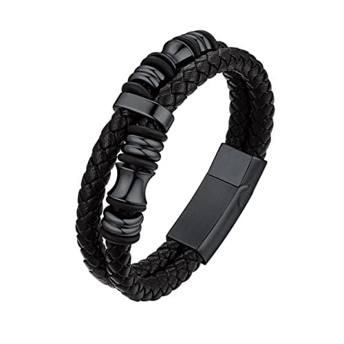 Bestyle Classic 7.5 Inch Beaded Leather Bracelets for Men Cool Mens Black Leather Wirstband Fashion Men Bracelets Jewelry - Image 1