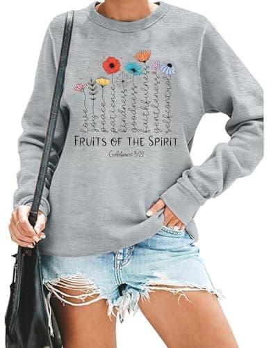 KIDDAD Christian Sweatshirts for Women Jesus Sweatshirt Bible Verse Sweatshirt Fruits of the Spirit Long Sleeve Pullover Grey - Image 1