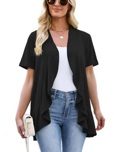 Heymoments Lightweight Cardigan for Women Black Medium Draped Open-Front Short Sleeve Casual Soft Drape Summer Kimonos Ladies Ruffle Shrug - Image 1