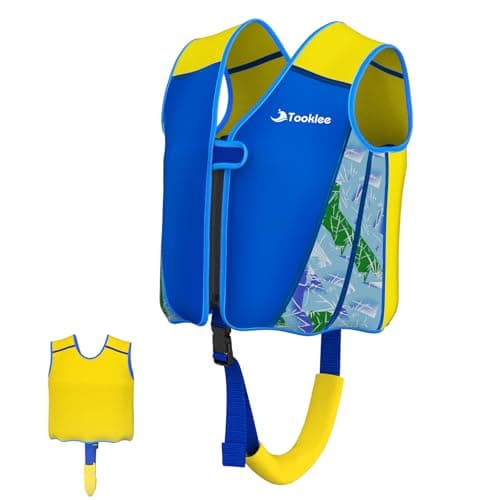 Tooklee Swim Vest for Toddler & Kids 1-2-3-5-7-9 Years Old, Adjustable Buoyancy Swimming Trainer Vest for Boys & Girls 20-30-50-90 lbs, Pool Floaties Neoprene Jacket with Crotch Strap, Flower Blue, S
