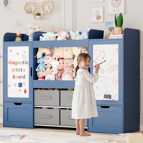 VortinT 61"W Kids Toy Storage, Bookshelf with 2 Magnetic Draw Boards, Stuffed Animal Storage, 2 Rolling Drawers, 4 Fabric Bins, Large Kid Wooden Toddler Organizer for Playroom, Nursery, Bedroom(Blue) - Image 1