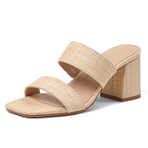 Ancomafio Women's Heeled Sandals Raffa Sandals Square Open Toe Heels Mules Slip On Summer Block Heels Vacation Shoes Neutral size 10 - Image 1