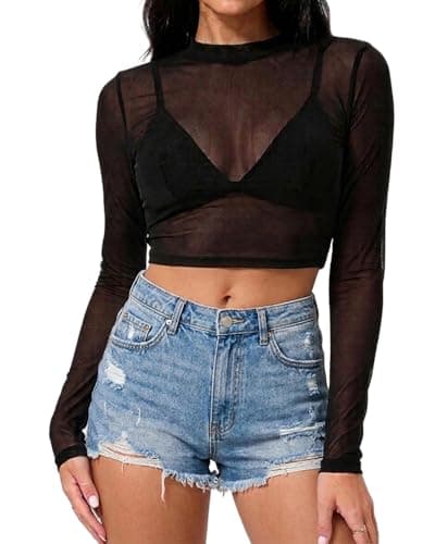 Mesh Crop Tops For Women Long Sleeve Mock Neck Sexy Cropped T Shirts For Punk Rock Outfits Sheer Black Top Womens Y2K Goth Halloween Shirts For Women See Through Top(US,Alpha,X-Large,Regular,Black) - Image 1