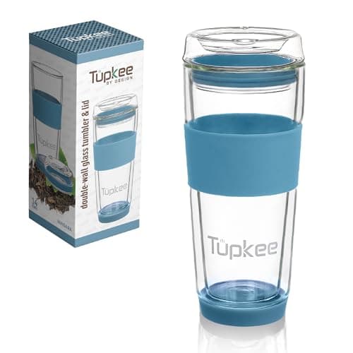 Tupkee Double Wall Glass Tumbler - 14-Ounce, All Glass Reusable Insulated Tea/Coffee Mug & Lid, Hand Blown Travel Mug - Niagara - Image 1