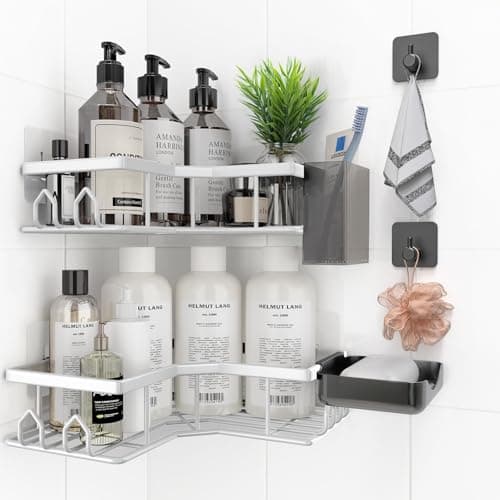QHMCHLDZ Adhesive Shower Caddy, 6 Pack Corner Bath Organizer, Rustproof Stainless Steel Shower Shelves with Large Capacity, No Drilling Shelves for Bathroom Storage, Home, Kitchen Décor (White). - Image 1