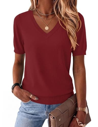 Zeagoo Red Sweater for Woman Wine Basic Casual Spring Short Sleeve Sweaters Summer Light Knit Tops Loose Dressy Clothes - Image 1