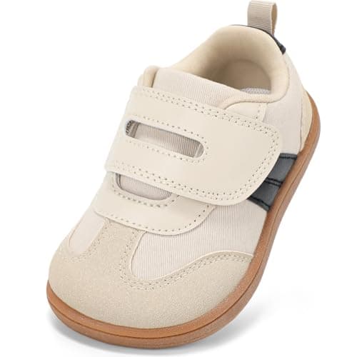 WIDE TOE BOX Toddler Barefoot Shoes,Boys and Girls First Walking Shoe with Hook and Loop Non-Slip Baby Sneakers Beige White Size 5 - Image 1
