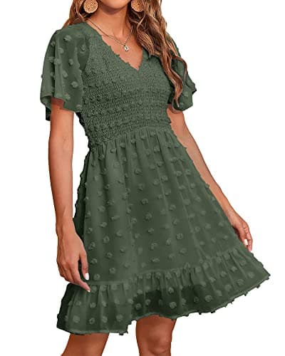 BTFBM Womens Beach Vacation Dress Summer 2026 V Neck Short Sleeve Smocked Swiss Dot Ruffle Casual Mini Spring Dresses(Army Green, XX-Large) - Image 1