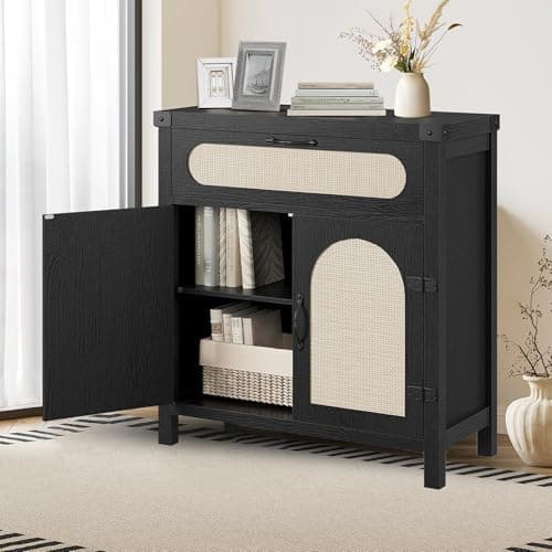 IDEALHOUSE Rattan Cabinet with Drawer, Sideboard with Synthetic Rattan-Accent Doors, Adjustable Shelves, Buffet Cabinet for Living Room Dining Room, Black - Image 1