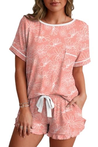 PrinStory Womens Pajama Set 2 Piece Short Sleeve Top and Shorts Pjs Cute Lightweight Pj Sets Soft Lounge Set with Pockets FP-Pink Sunflower-S - Image 1