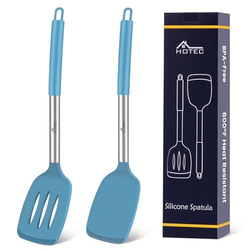 HOTEC Silicone Spatula Set of 2 Heat-Resistant 600°F & BPA-Free Kitchen SaptulaTurner with Stainless Steel Handles, Slotted & Solid Spatulas for Nonstick Cookware, 13.7 Inch, Blue - Image 1