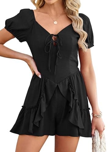 ECOWISH Womens Summer Short Rompers Tie Front V Neck Short Sleeve Ruffle Hem Beach Romper Dress with Pockets 2026 Black Small - Image 1