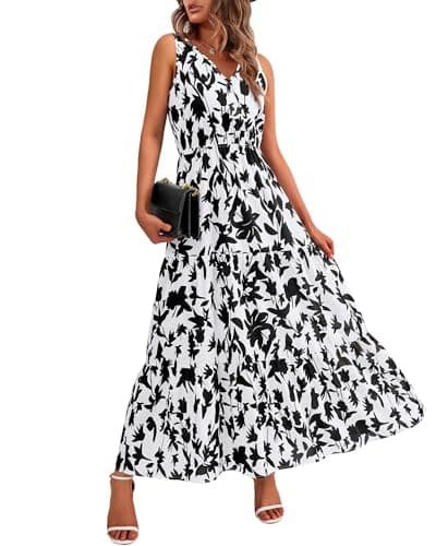 BTFBM Women Summer Dresses Casual Sleeveless Maxi Dresses Cute Floral Long Dress Wedding Guest Dress(Black White Flower,Medium) - Image 1