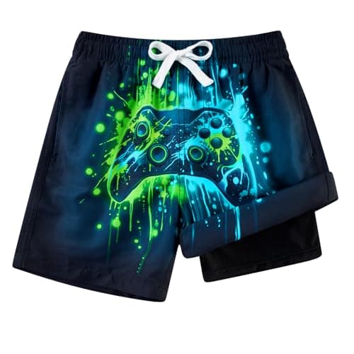 Cozople Boys Quick Dry Swim Trunks Size 7 Neon Game Controller Graphic Swimsuit Quick Dry UPF 50+ Anti Chafe for Summer Beach - Image 1