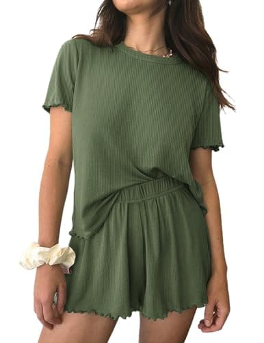 Ekouaer Womens Pajamas 2 Piece Ribbed Knit Pjs Short Sleeve Sleepwear Set Summer Soft Pajamas Set Casual Lounge Sets Army Green S - Image 1