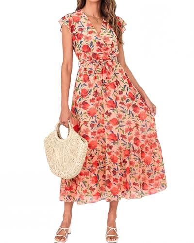 BTFBM Women Summer Bohemian Floral Casual Wrap V Neck Ruffle Cap Sleeveless Belt A-Line Pleated Hem Swing Midi Sun Dress(Floral Orange Pink Red,Large) - Image 1