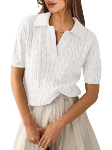ANRABESS Women's Short Sleeve Sweaters Tops Polo V Neck Cable Knit Casual Soft Pullover Shirts 2026 Summer Outfits Cream Large