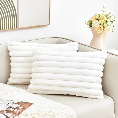 GriNeed Throw Pillow Covers Decorative Faux Fur Set of 2 12x20 Inch Pillow Covers, Soft Cream White Lumbar Plush Striped Pillowcases for Couch Sofa Bed Living Room, Fluffy Cute Home Boho Accent Decor - Image 1