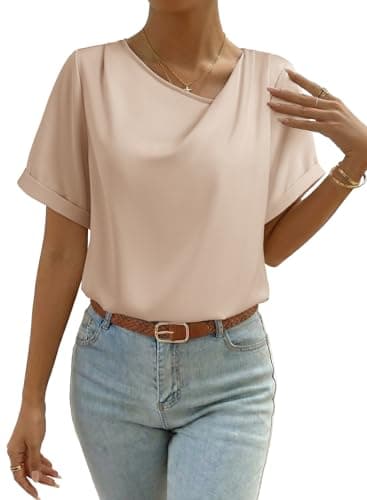 Dokotoo Womens Tops Short Sleeve Asymmetrical Neck T Shirts 2026 Summer Going Out Tunic Tops for Women Loose Fit Dressy Fashion Clothing Outfits Work Office Ladies Cute Blouses Parchment - Image 1