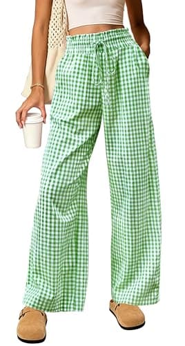 Dookttker Cotton Gingham Striped Pants Women High Waisted Ruffle Wide Leg Lounge Pajama Trousers with Pockets - Image 1