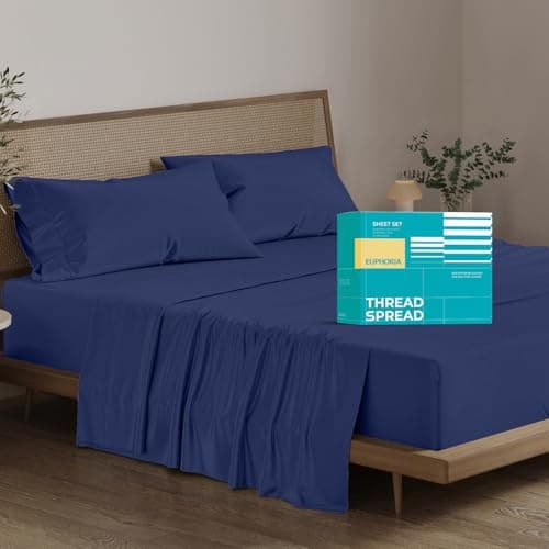 THREAD SPREAD 100% Egyptian Cotton Sheets California King Size - 800 Series Euphoria Collection Luxury Cal King Size (4 PC, Navy Blue), Soft Cooling, 16" Deep Pocket Hotel Sheets - Image 1