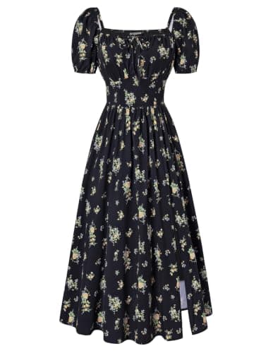 Scarlet Darkness Women's Floral Corset Dress with Split 2026 Summer Spring Square Neck Midi Milkmaid Dresses Black Yellow Ditsy Floral S - Image 1