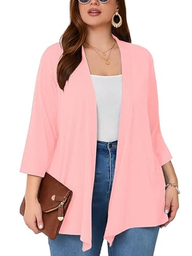 AusLook Women's Plus Size Lightweight Open Front Cardigan Pink 4X Causal 3/4 Sleeve Cover Ups Shrugs Tops Shawls and Wraps Kimono Jacket Coat - Image 1