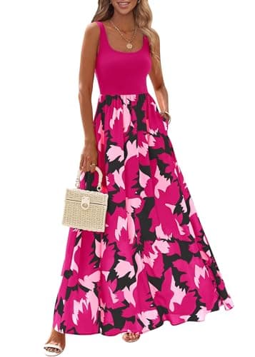 KIRUNDO Women Summer Sleeveless Boho Floral Maxi Dress 2026 Scoop Neck Tank A Line Flowy Beach Vacation Resort Wear Sundress(Rose Red, X-Large) - Image 1