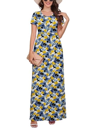 DEARCASE Women's Short Sleeve Maxi Dresses Camouflage Flower Medium Loose A-line Casual Party Vintage Spring Summer Flowy Beach Sundress Hawaiian Boho Vacation Casual Long Dress with Pockets - Image 1