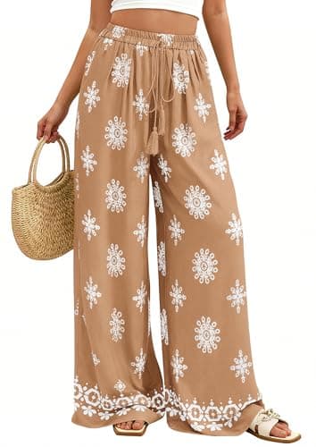 PRETTYGARDEN Women's Wide Leg Palazzo Pants 2026 Summer Boho Floral Trousers Spring Flowy Beach Vacation Clothes Resort Wear (Khaki,XX-Large) - Image 1