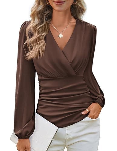 GRACE KARIN Long Sleeve Blouses for Women Dressy Casual, Wrap Tops Work Shirts, 2026 Spring Business Outfits Coffee L - Image 1