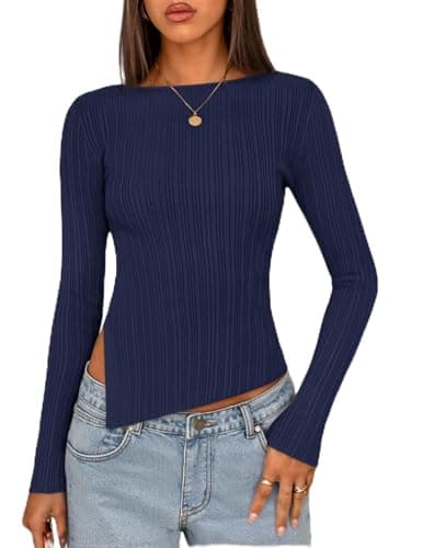 MEROKEETY Women's Fall Long Sleeve Sweater Tops 2025 Boat Neck Ribbed Asymmetric Lightweight Knit Shirts, Navy, Medium - Image 1