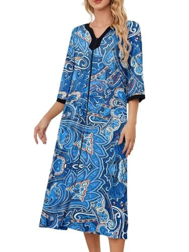PITINAN House Dresses For Women With Pockets Zipper Front Robes Summer Robe Dusters For Women Plus Size Bathrobe for Womens House Coat Mom Gifts Blue Paisley XL - Image 1