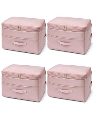 Ultra Space Saving Self Compression Organizers, 4 Pack Double Zipper Compression Packing Cubes for Bedding, Comforter Storage Bag for Blankets Duvet Quilts Pillows Queen King (Pink, X-Large) - Image 1