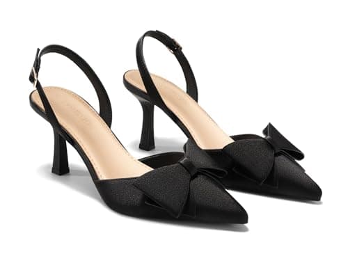 Coutgo Womens Slingback Kitten Heels Bow Satin Closed Pointed Toe Pumps D'Orsay Slip On Wedding Dress Shoes, Black, Size 9 - Image 1
