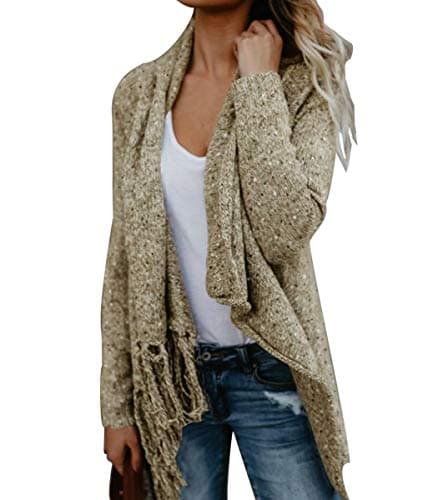 CEASIKERY Women's Tassel Hem Sweater Long Cardigan Knitwer Pullover Poncho Coat Khaki - Image 1