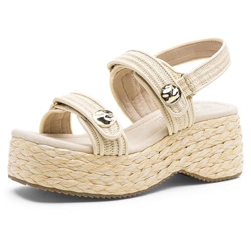 Vepose Women's Nude Woven Raffia Platform Wedge Sandals - 3 Inch Chunky Espadrille Heels, Strappy Slingback Open Square Toe Shoes for Casual Dressy Vacation & Wedding Size 7 (CJY8803 nude 07) - Image 1