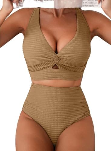 Herseas Women's 2 Piece Bikini Set Swimsuits High Waisted Full Coverage Bathing Suits Textured Twist Front Bikini Top Bottom Cute Beach Vacation Essentials Light French Beige Large - Image 1